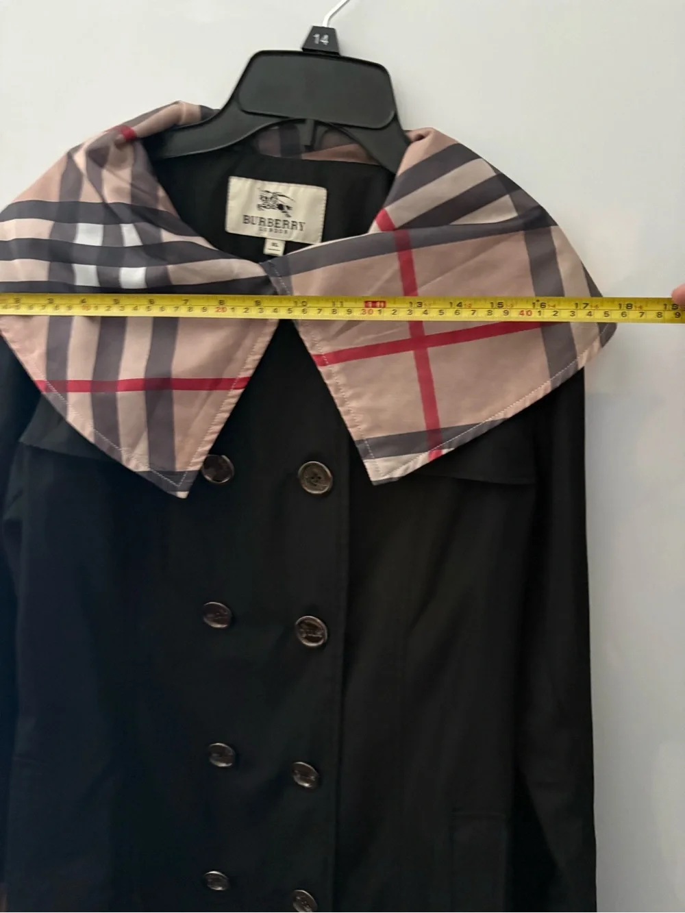 Burberry Black Double-Breasted Trench Coat with Check Collar XL classic plaid. - Picture 8 of 11